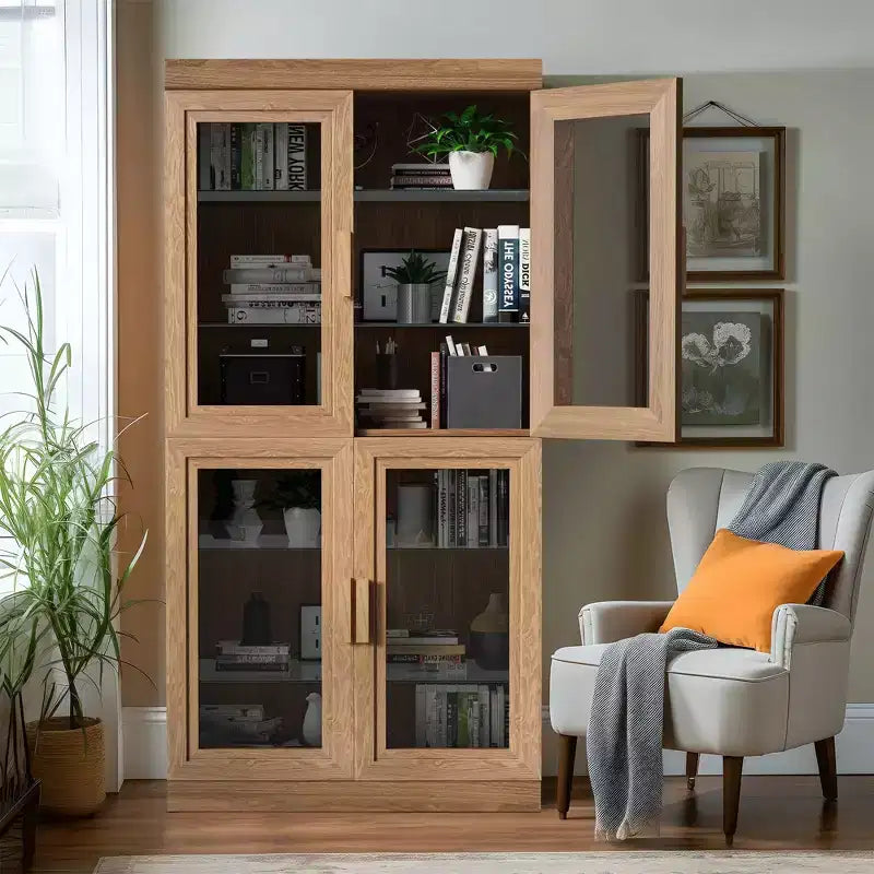Meuble d'appoint en bois avec étagère réglable Armoire de rangement Porte vitrée naturelle