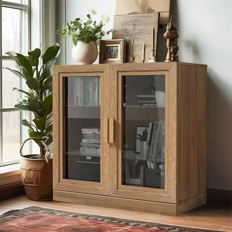 Meuble d'appoint en bois avec étagère réglable Armoire de rangement Porte vitrée naturelle