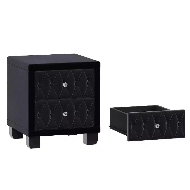 Table de chevet élégante en velours avec 2 tiroirs et poignée en cristal