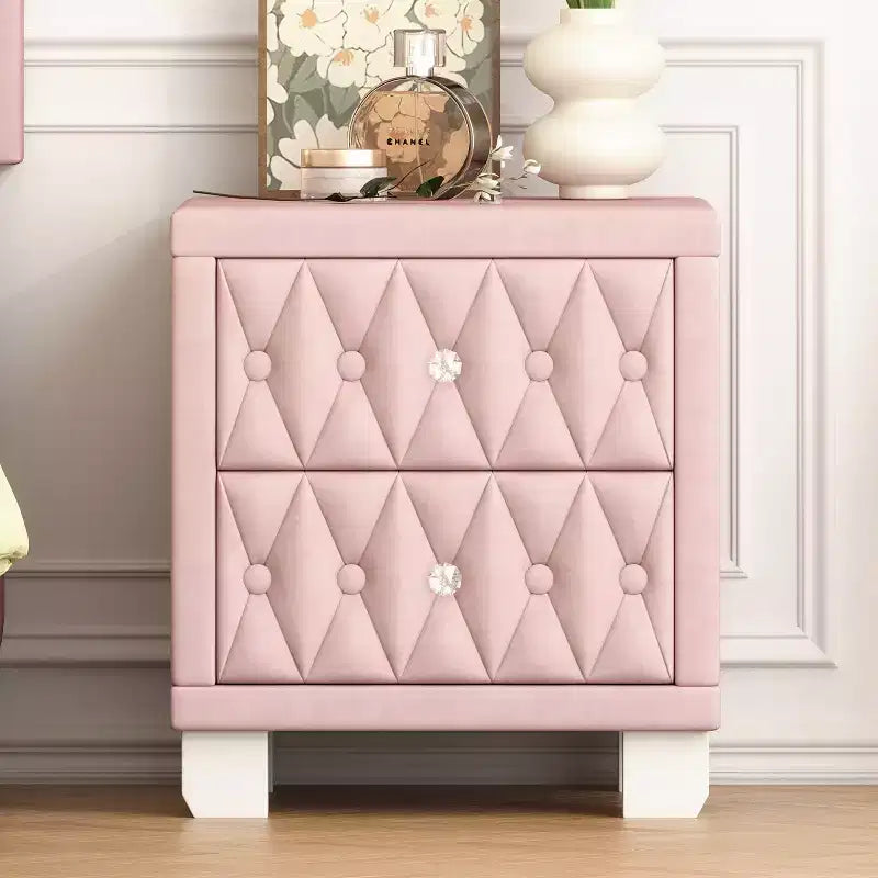 Table de chevet élégante en velours avec 2 tiroirs et poignée en cristal