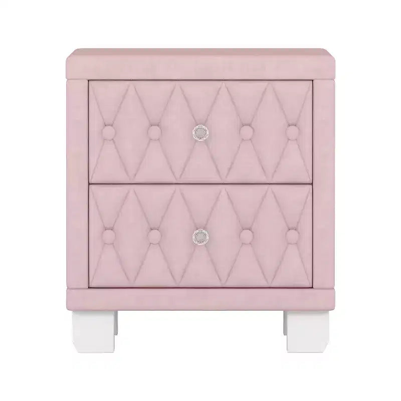 Table de chevet élégante en velours avec 2 tiroirs et poignée en cristal