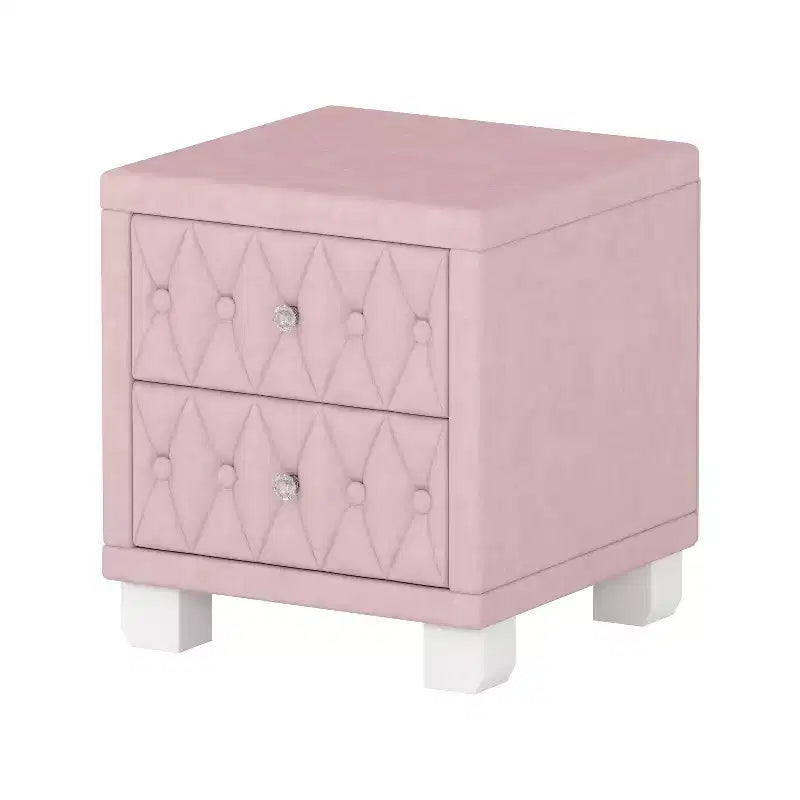 Table de chevet élégante en velours avec 2 tiroirs et poignée en cristal
