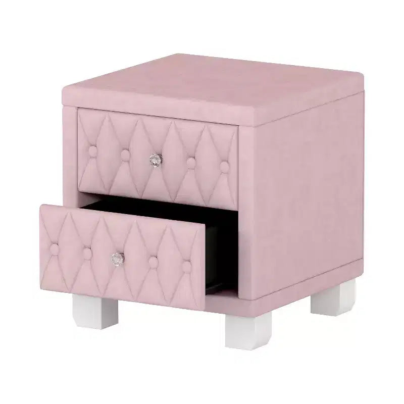 Table de chevet élégante en velours avec 2 tiroirs et poignée en cristal