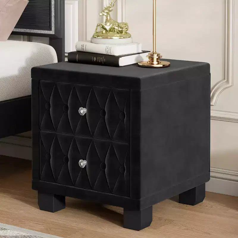 Table de chevet élégante en velours avec 2 tiroirs et poignée en cristal