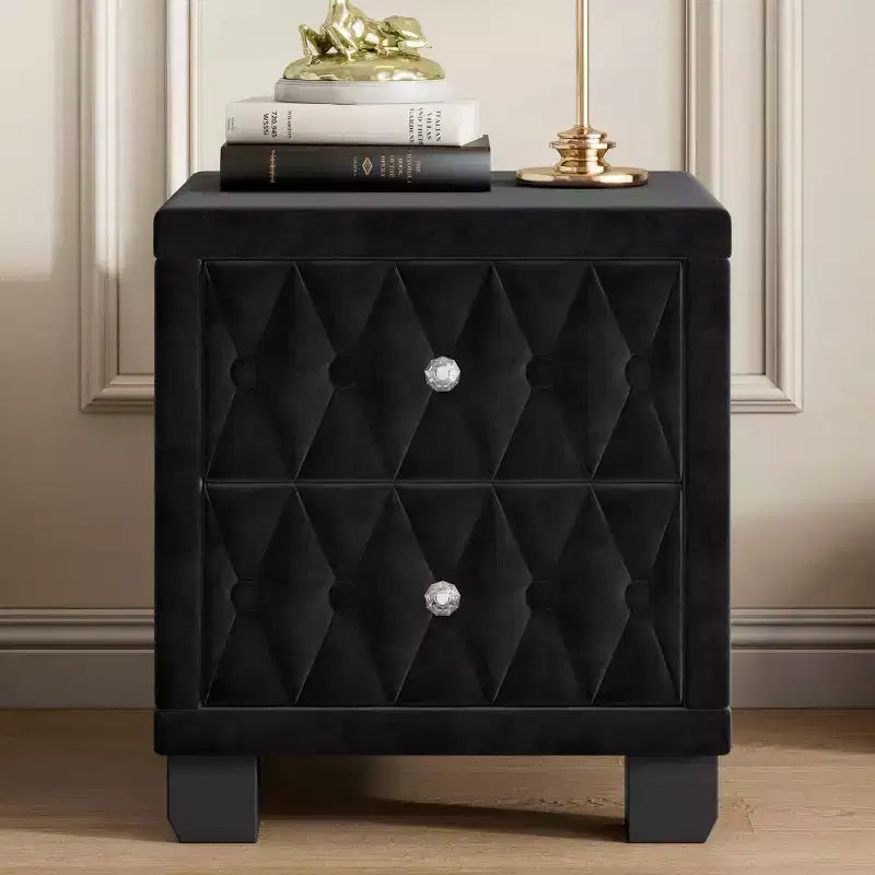 Table de chevet élégante en velours avec 2 tiroirs et poignée en cristal