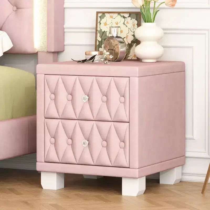 Table de chevet élégante en velours avec 2 tiroirs et poignée en cristal