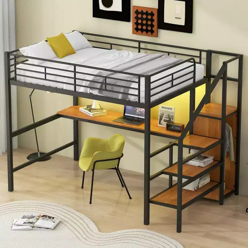 Lit mezzanine en métal avec bureau, escalier de rangement, petite armoire
