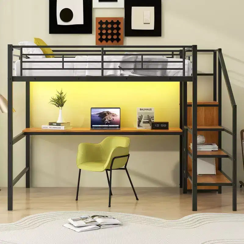Lit mezzanine en métal avec bureau, escalier de rangement, petite armoire