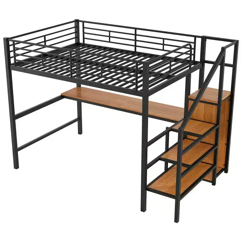 Lit mezzanine en métal avec bureau, escalier de rangement, petite armoire