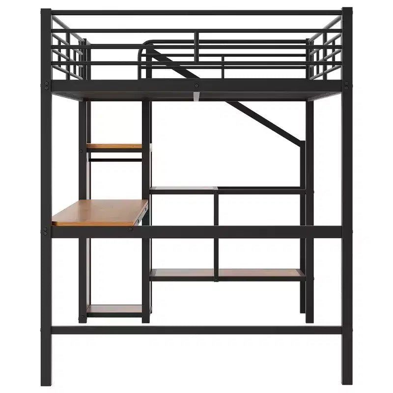 Lit mezzanine en métal avec bureau, escalier de rangement, petite armoire