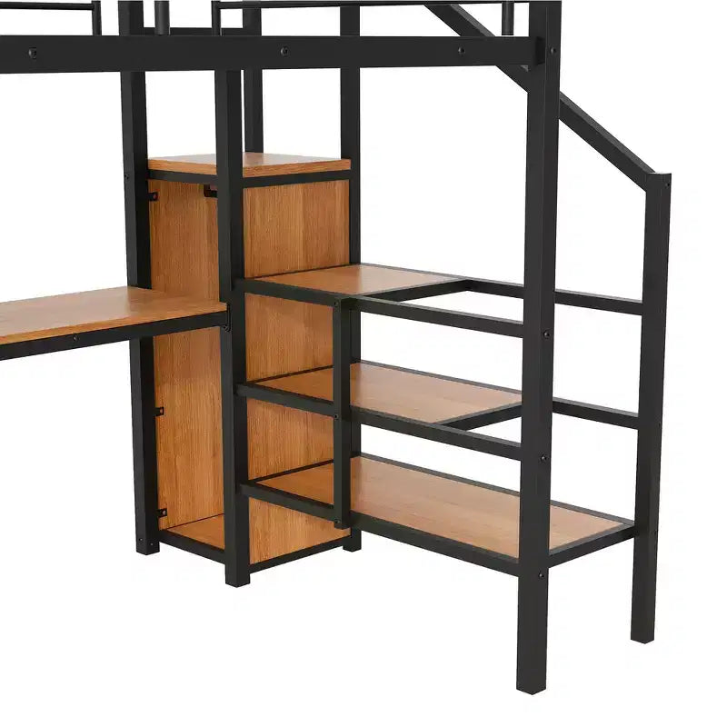Lit mezzanine en métal avec bureau, escalier de rangement, petite armoire