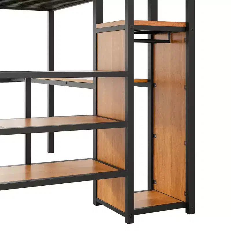 Lit mezzanine en métal avec bureau, escalier de rangement, petite armoire