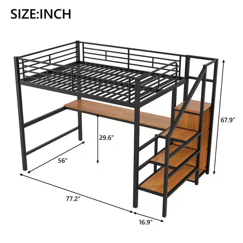 Lit mezzanine en métal avec bureau, escalier de rangement, petite armoire