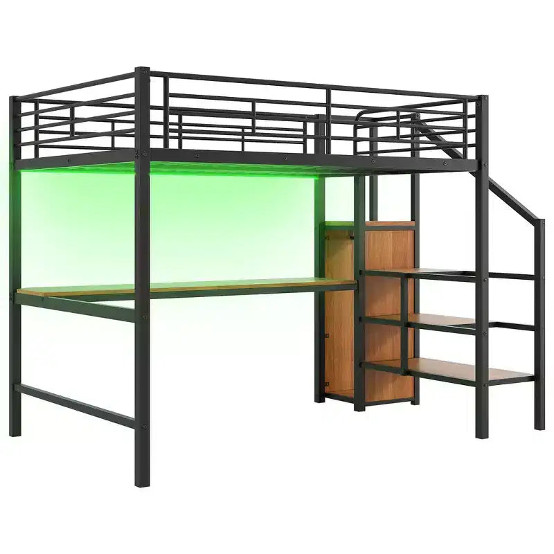 Lit mezzanine en métal avec bureau, escalier de rangement, petite armoire