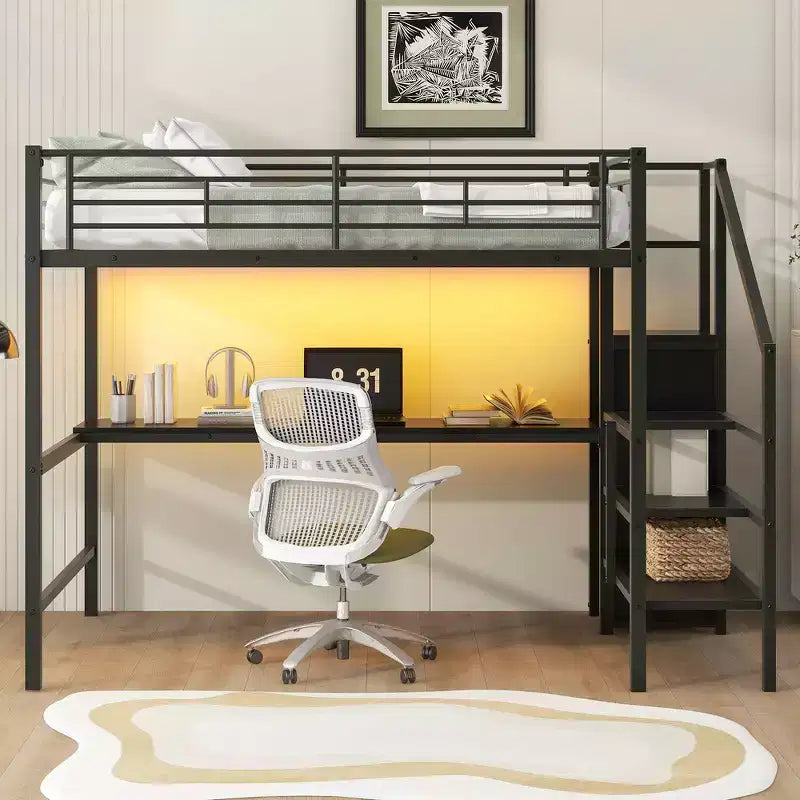Lit mezzanine en métal avec bureau, escalier de rangement, petite armoire