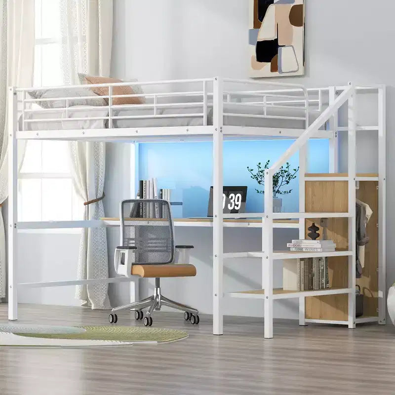Lit mezzanine en métal avec bureau, escalier de rangement, petite armoire
