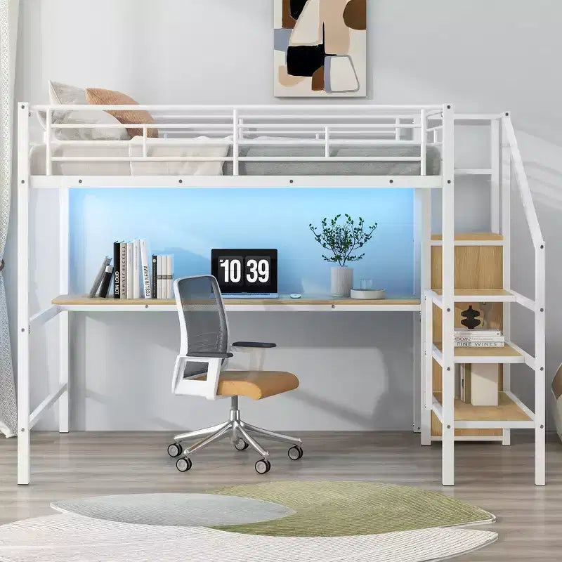 Lit mezzanine en métal avec bureau, escalier de rangement, petite armoire