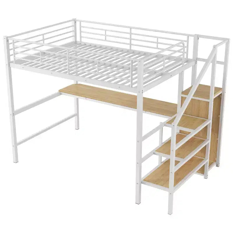 Lit mezzanine en métal avec bureau, escalier de rangement, petite armoire