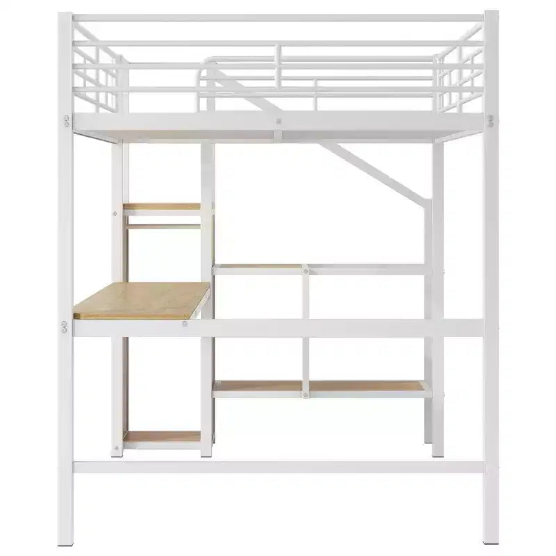Lit mezzanine en métal avec bureau, escalier de rangement, petite armoire