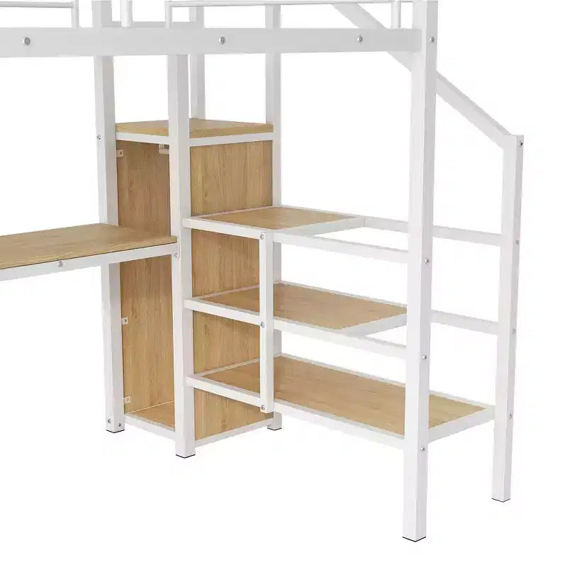 Lit mezzanine en métal avec bureau, escalier de rangement, petite armoire