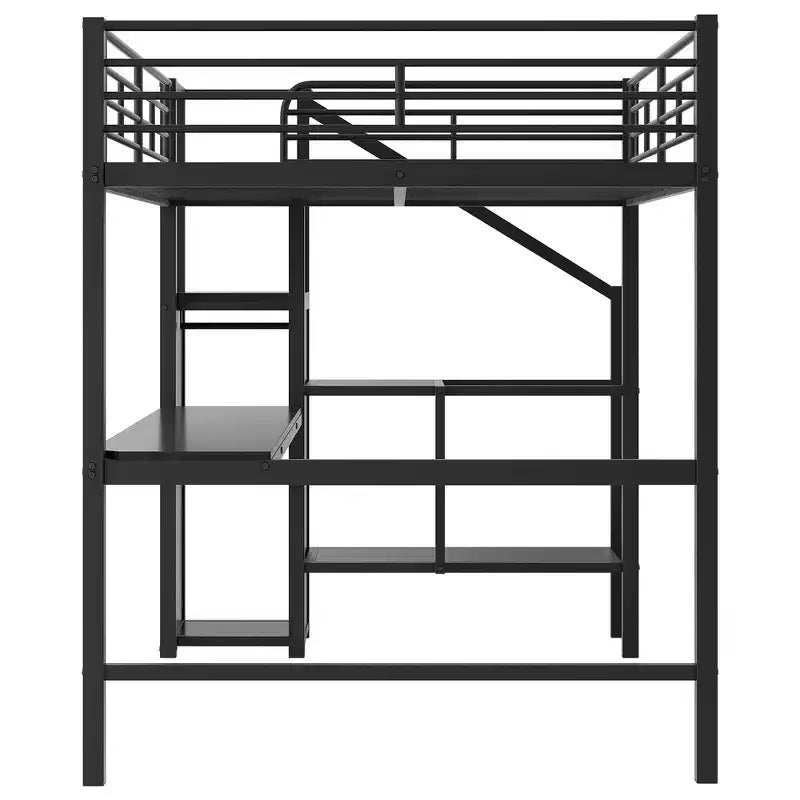 Lit mezzanine en métal avec bureau, escalier de rangement, petite armoire