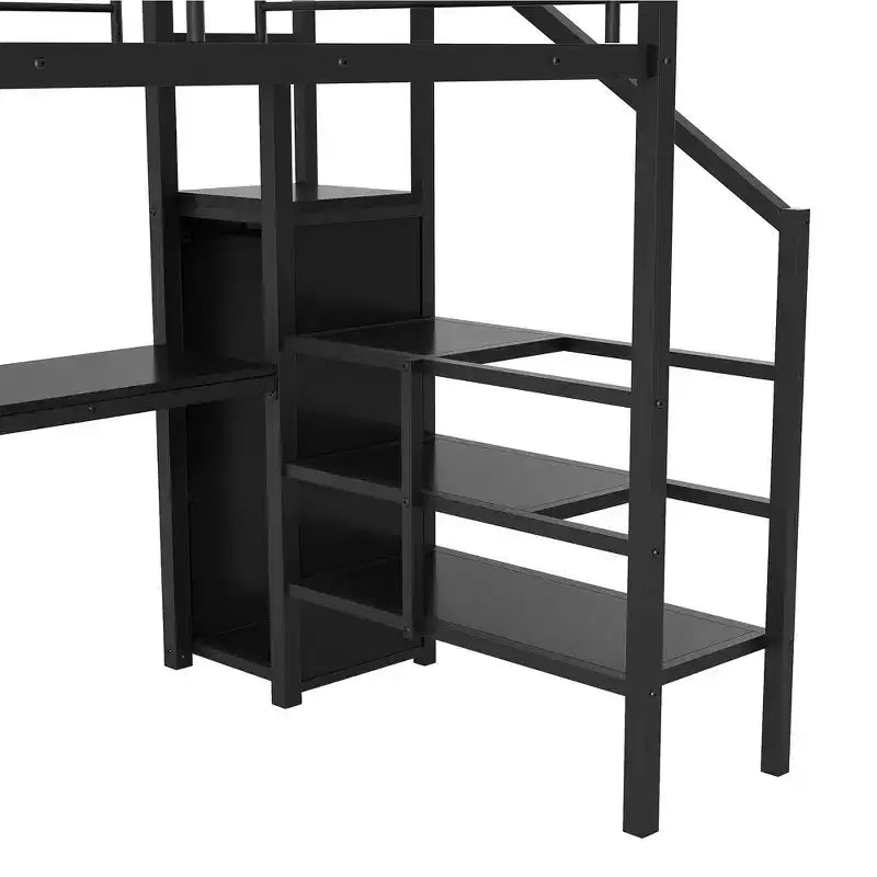 Lit mezzanine en métal avec bureau, escalier de rangement, petite armoire