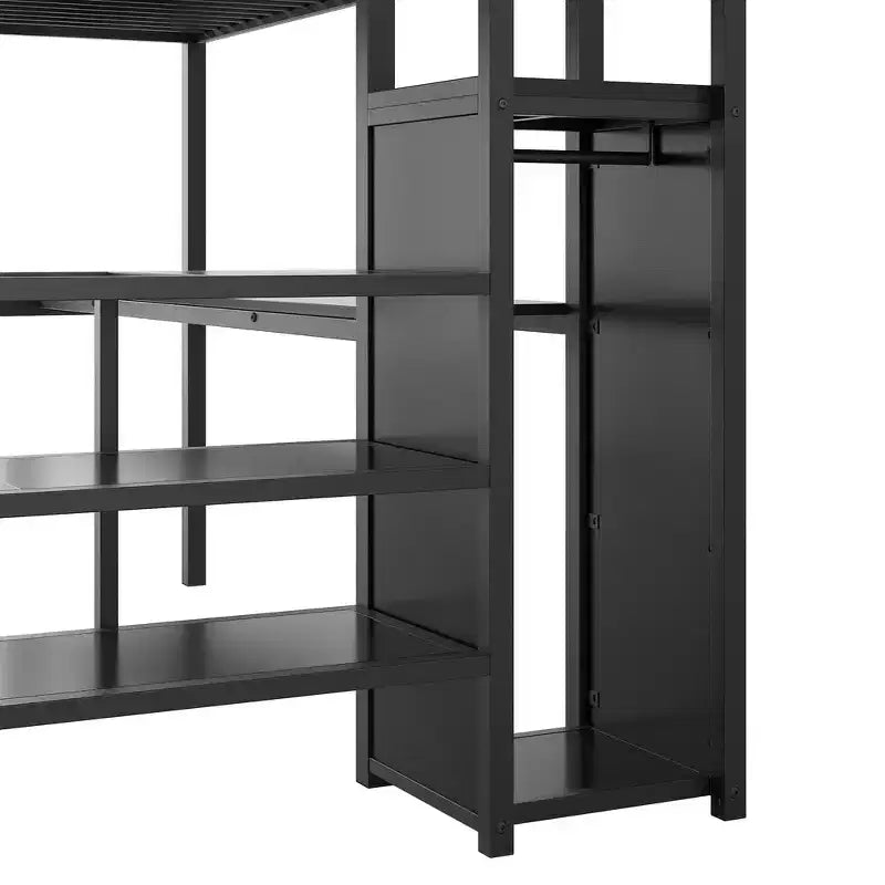 Lit mezzanine en métal avec bureau, escalier de rangement, petite armoire