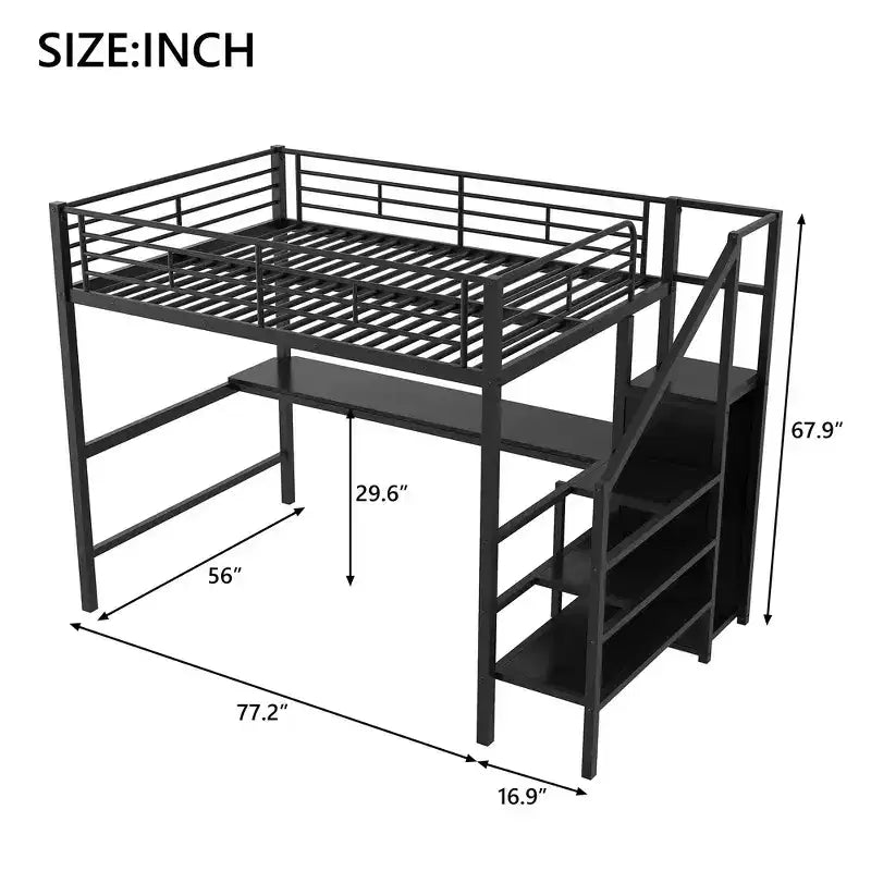 Lit mezzanine en métal avec bureau, escalier de rangement, petite armoire