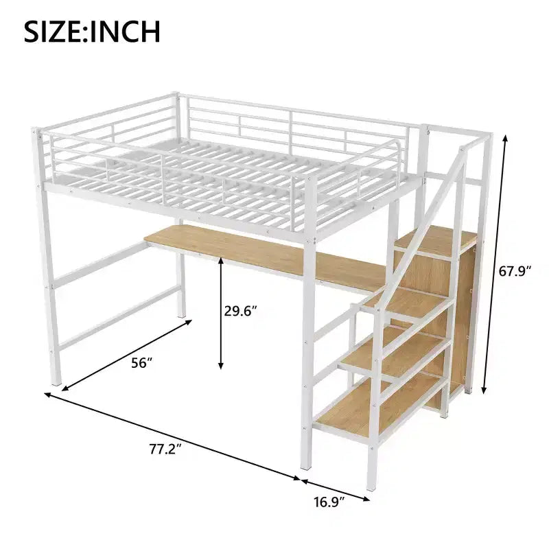 Lit mezzanine en métal avec bureau, escalier de rangement, petite armoire
