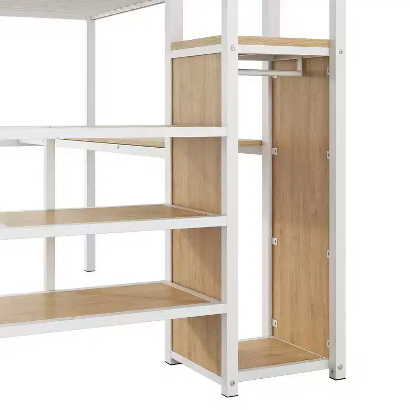 Lit mezzanine en métal avec bureau, escalier de rangement, petite armoire