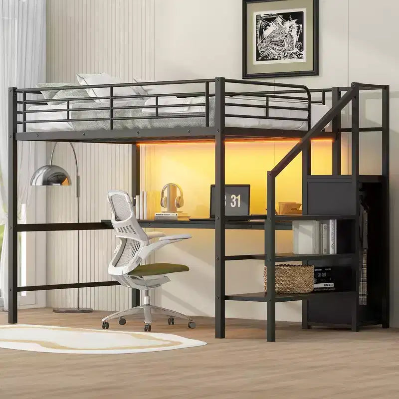 Whisen 94.1'' Full Size Metal Loft Bed with Desk, Storage Staircase, Small Wardrobe