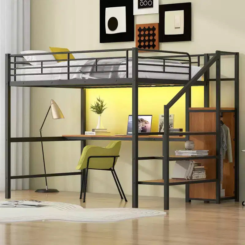 Lit mezzanine en métal avec bureau, escalier de rangement, petite armoire