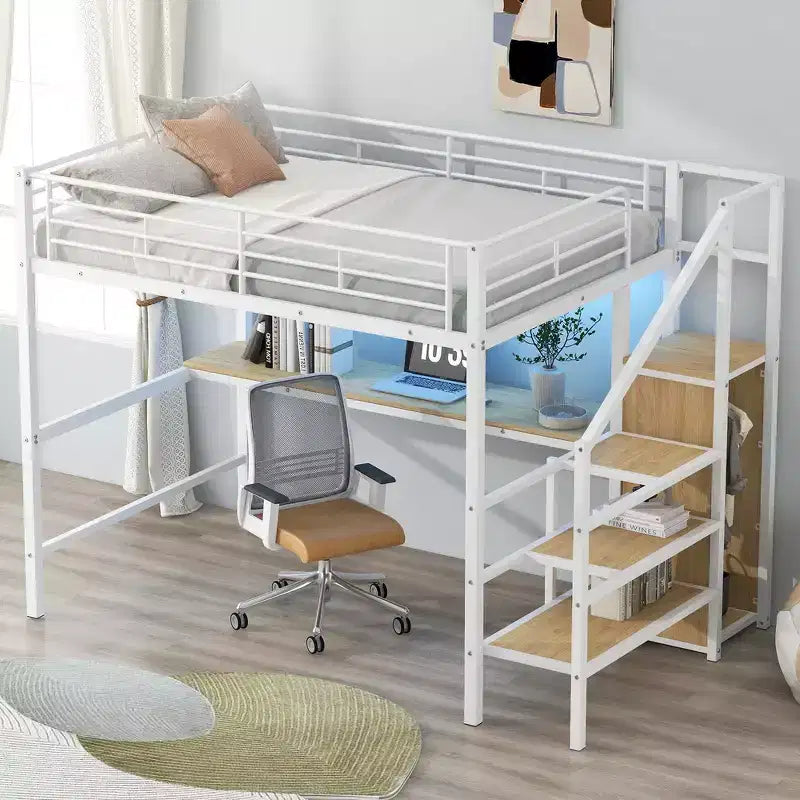 Lit mezzanine en métal avec bureau, escalier de rangement, petite armoire
