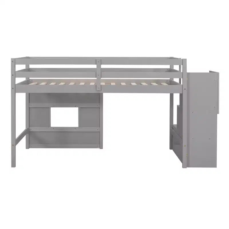 Lit mezzanine double en bois avec escalier de rangement et fenêtre