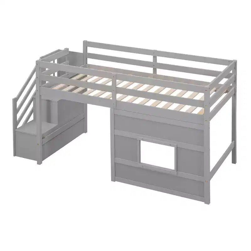 Lit mezzanine double en bois avec escalier de rangement et fenêtre
