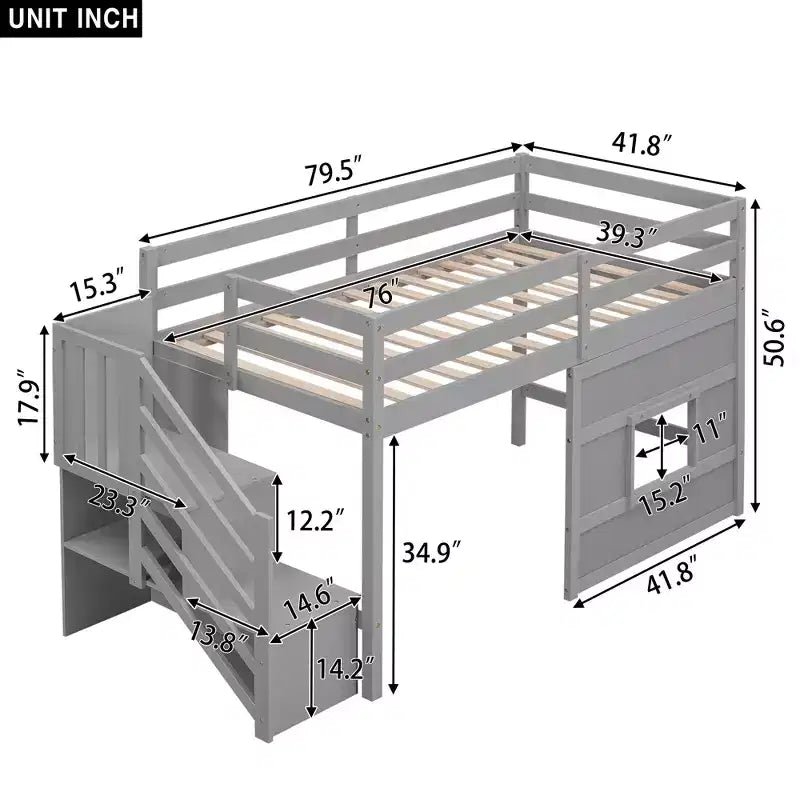 Lit mezzanine double en bois avec escalier de rangement et fenêtre