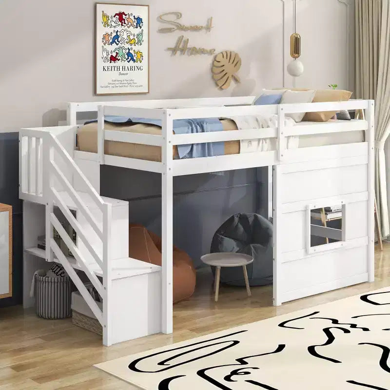 Lit mezzanine double en bois avec escalier de rangement et fenêtre