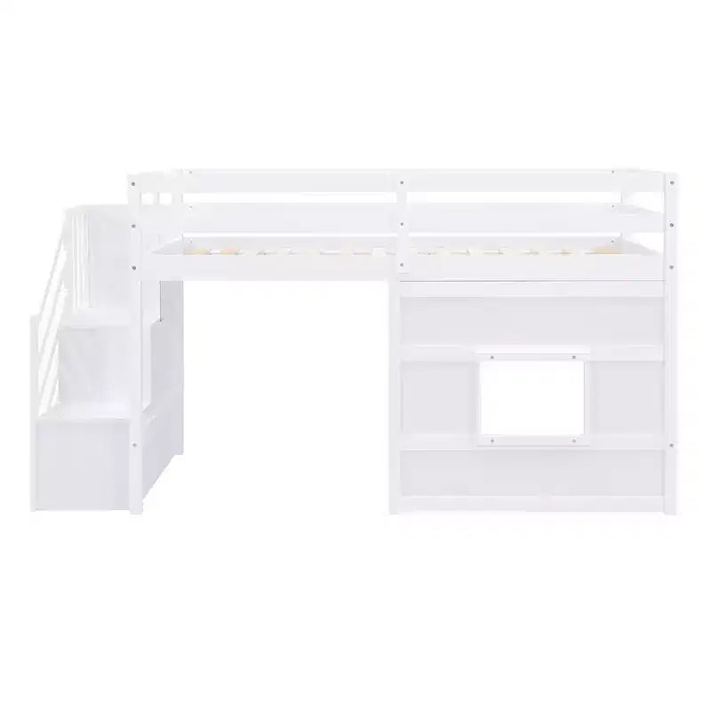 Lit mezzanine double en bois avec escalier de rangement et fenêtre