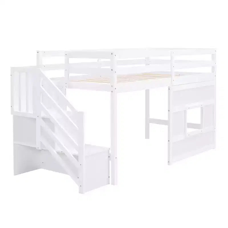 Lit mezzanine double en bois avec escalier de rangement et fenêtre