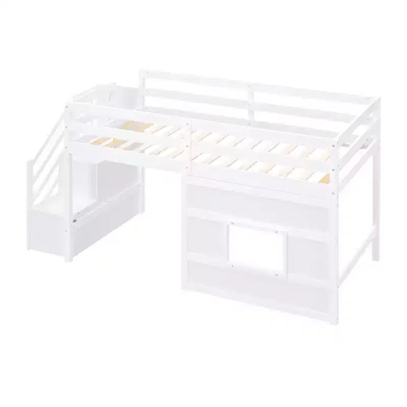 Lit mezzanine double en bois avec escalier de rangement et fenêtre