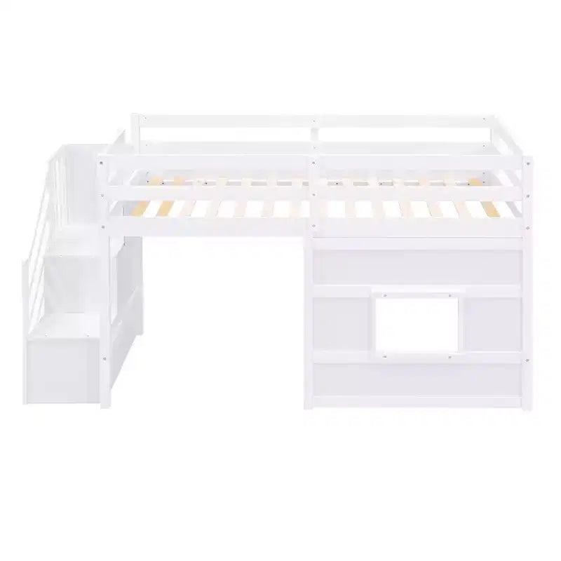 Lit mezzanine double en bois avec escalier de rangement et fenêtre