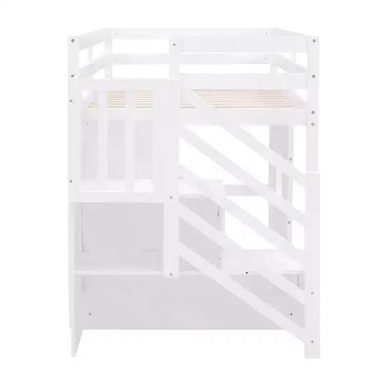 Lit mezzanine double en bois avec escalier de rangement et fenêtre