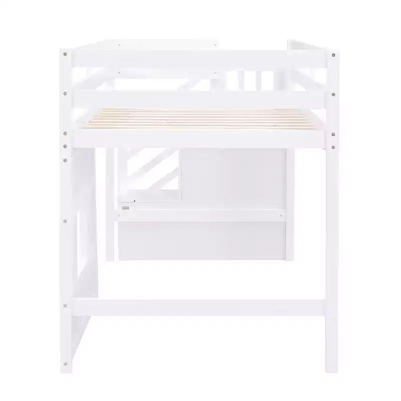 Lit mezzanine double en bois avec escalier de rangement et fenêtre