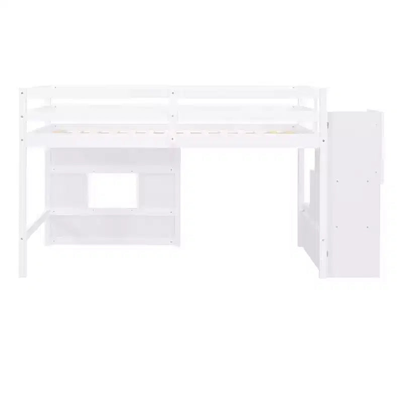 Lit mezzanine double en bois avec escalier de rangement et fenêtre