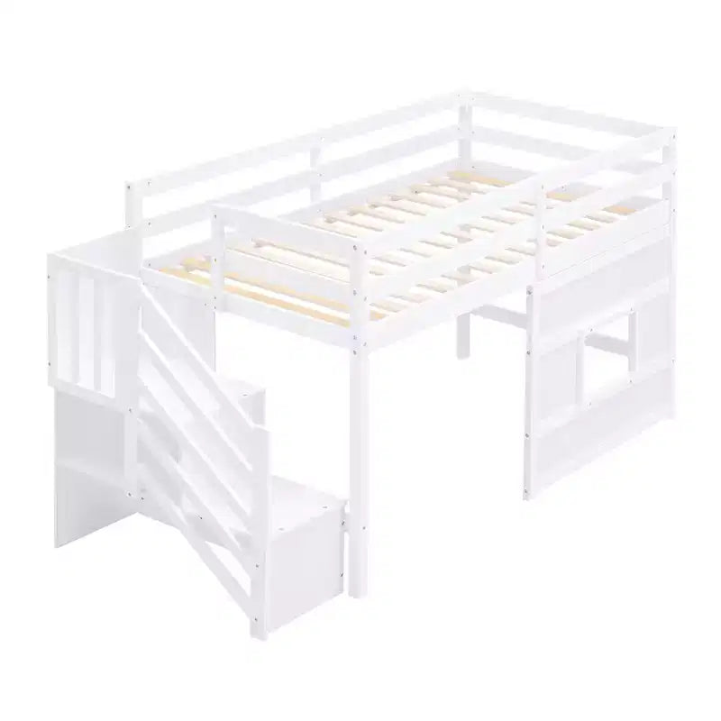 Lit mezzanine double en bois avec escalier de rangement et fenêtre