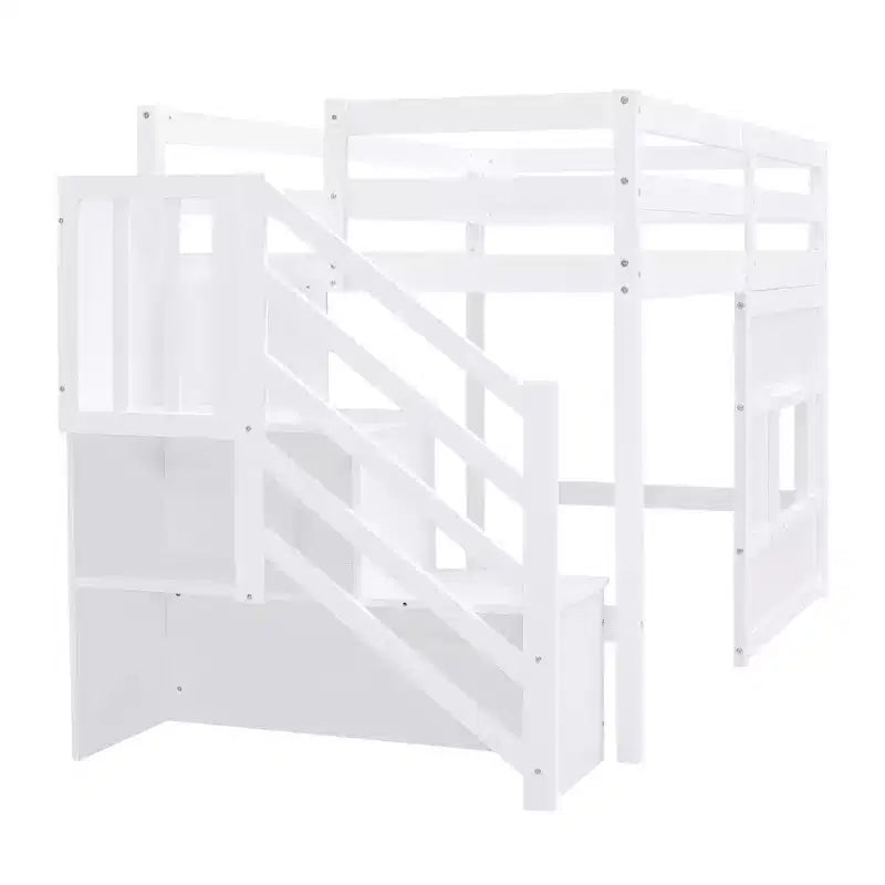 Lit mezzanine double en bois avec escalier de rangement et fenêtre