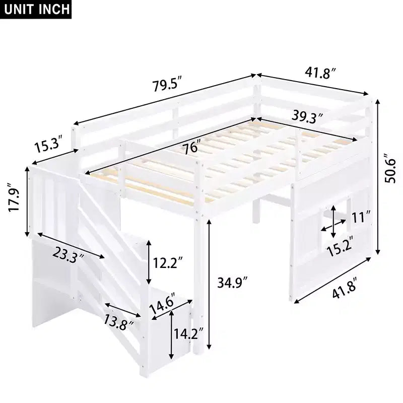 Lit mezzanine double en bois avec escalier de rangement et fenêtre