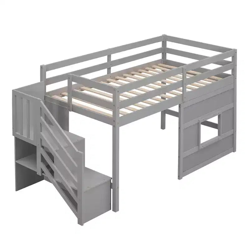 Lit mezzanine double en bois avec escalier de rangement et fenêtre