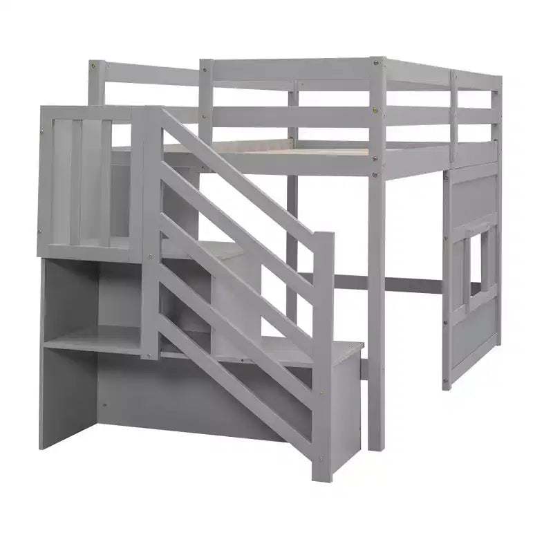 Lit mezzanine double en bois avec escalier de rangement et fenêtre