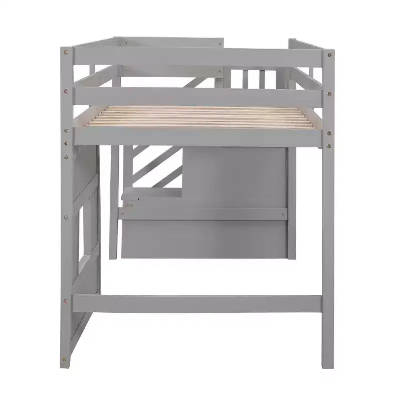 Lit mezzanine double en bois avec escalier de rangement et fenêtre